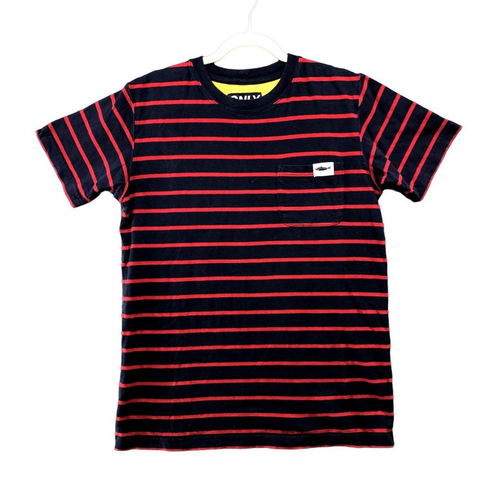 VTG Only Mens Blue Red Sripe Fish Tuna Pocket Tee T Shirt Size M Short Sleeve‎